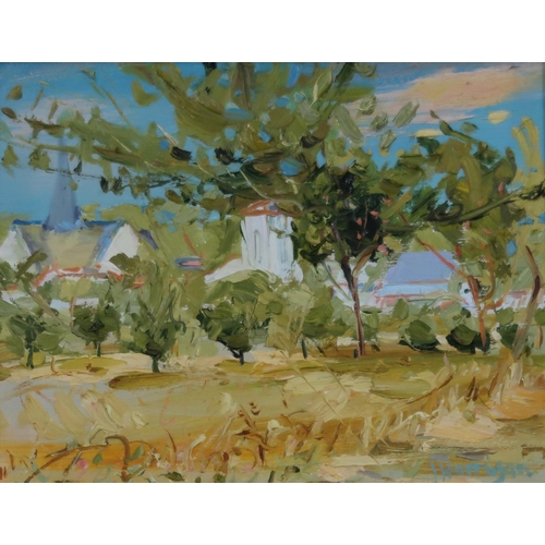 909 - JAMES HARRIGAN (SCOTTISH b.1937) ORCHARD AT SUNSET Oil on board, signed lower right, 16 x ... 