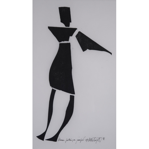 936 - WILLIE RODGER RSA (SCOTTISH 1930-2018)  WOMAN PULLING ON JUMPER Linocut, signed lower... 