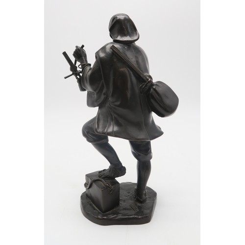 2396A - A JAPANESE BRONZE MODEL OF A MUSICIANstanding and with instrument slung over his shoulder and with o... 