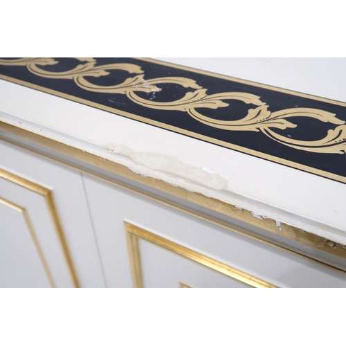 118 - A CONTEMPORARY GILT WHITE VERSACE MIRROR BACK SIDEBOARD mirror with gilt moulded cornice over rectan... 