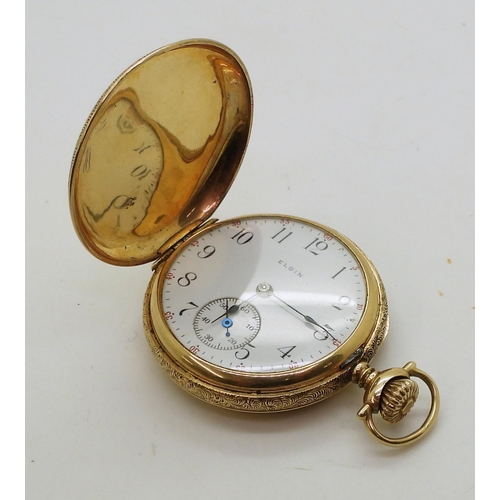 708 - A 14k gold Elgin fob watch diameter 3.2cm, weight including mechanism 28.9gms