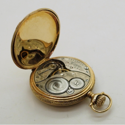 708 - A 14k gold Elgin fob watch diameter 3.2cm, weight including mechanism 28.9gms