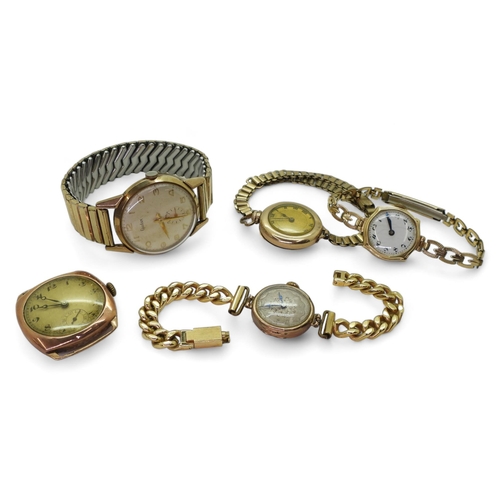 711 - Three 9ct gold ladies watch heads, with gold plated straps, together with two gents examples to incl... 