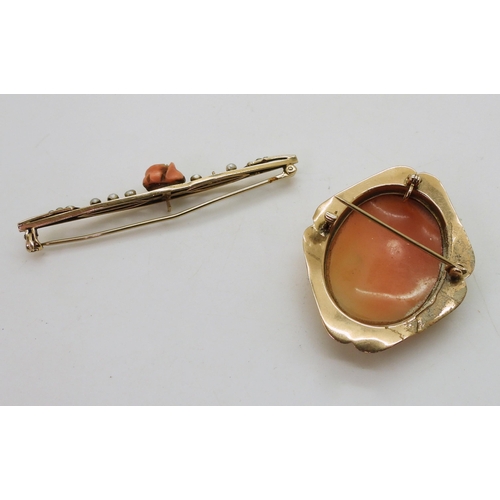 713 - A 10k gold mounted cameo brooch, a yellow metal coral rose and pearl brooch, weight together 9.4gms,... 