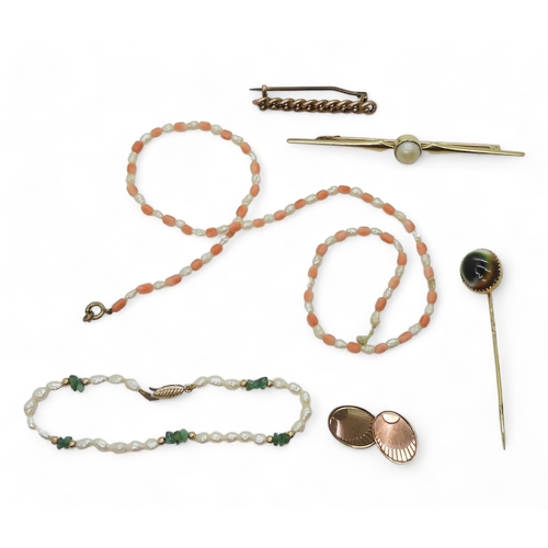 719 - A collection of jewels, to include; a 15ct gold pearl stick pin, from Mikara pearl Co, 48 Piccadilly... 