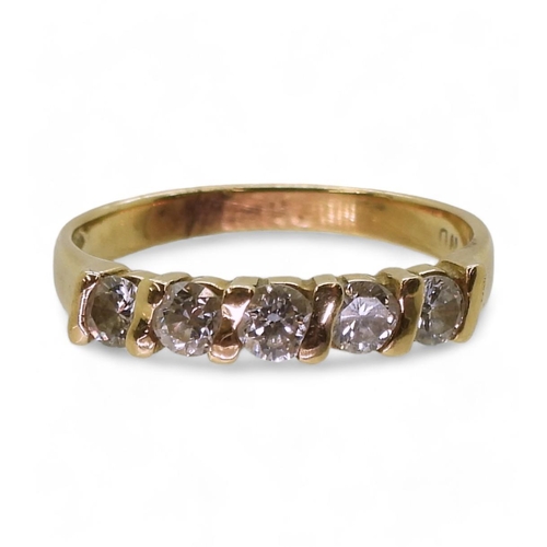 722 - A bright yellow metal five stone diamond ring, set with estimated approx 0.50cts of brilliant cut di... 