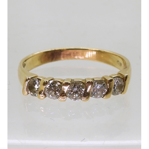 722 - A bright yellow metal five stone diamond ring, set with estimated approx 0.50cts of brilliant cut di... 