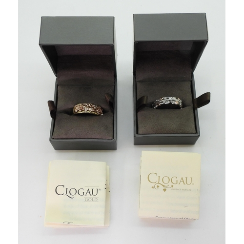 728 - Two Clogau rings, a 9ct gold, rose, thistle, shamrock and daffodil ring set with six diamond accents... 