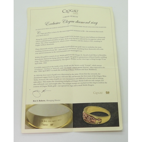 729 - A 9ct gold 'Clogau Gold' ring 'Cariad Am Byth - Beloved forever' pattern set with nine diamonds set ... 