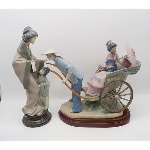 226 - A collection of Lladro figures including Rickshaw Rise, Geisha arranging flowers, and other geisha f... 