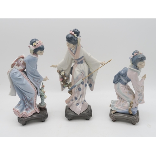 226 - A collection of Lladro figures including Rickshaw Rise, Geisha arranging flowers, and other geisha f... 