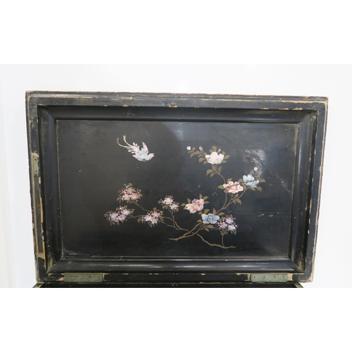 235 - A large oriental lacquered wood box with inlaid decoration of peacocks and tree peonies