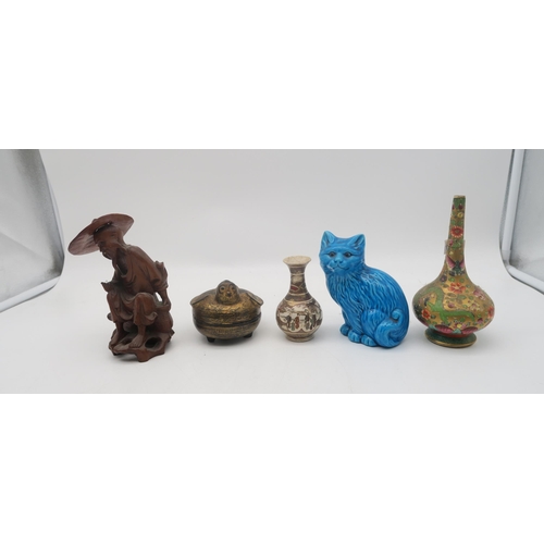 240 - A collection of Chinese and Japanese items including a cloisonne vase, a lacquered bird box, a turqu... 