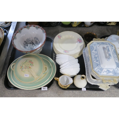 261 - A collection of ceramics including teawares, Susie Cooper oval platters and tureen, Stag punch bowl,... 