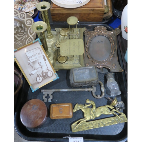 274 - Two Persian brass trays, a pair of postage scales, a pair of brass candlesticks, a dolls hospital ph... 