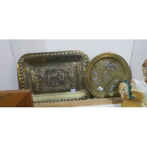 274 - Two Persian brass trays, a pair of postage scales, a pair of brass candlesticks, a dolls hospital ph... 