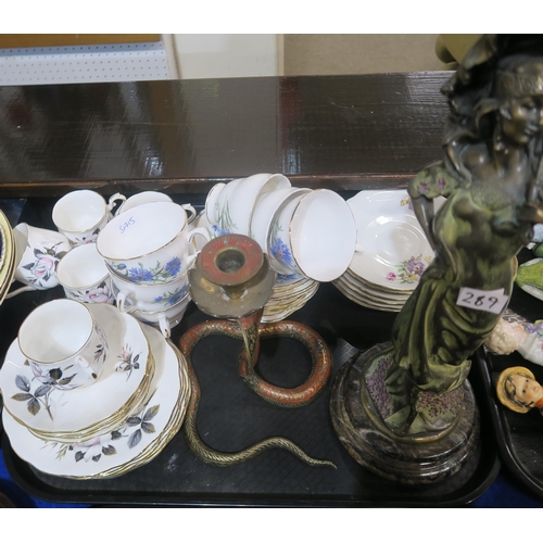 289 - Assorted tea wares including Adderley, Royal Vale Cornflowers, assorted figures etc