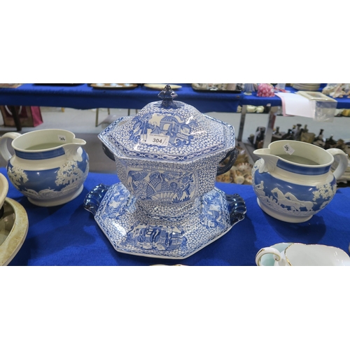 304 - A pair of blue and white hunting jugs together with a Adams transfer printed soup tureen