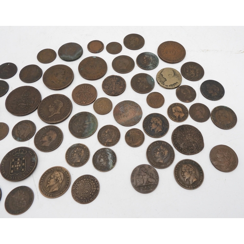 428 - A mixed lot of continental European copper coins, French Empire, Spain Portugal, Italy etc