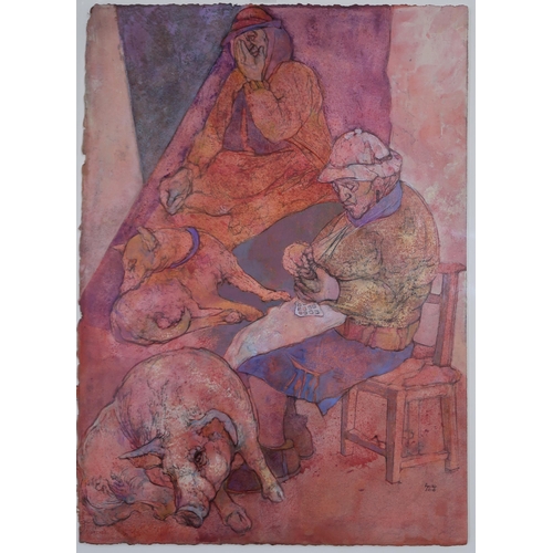 967 - ANDA PATERSON RSW RGI (SCOTTISH 1935-2022) THE LACE MAKERS Watercolour and acrylic, signed... 