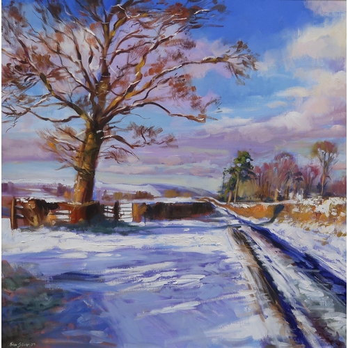 973 - JOHN GLOVER (SCOTTISH b.1945) SNOWY COUTRY ROAD  Oil on canvas, signed lower left, da... 