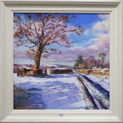 973 - JOHN GLOVER (SCOTTISH b.1945) SNOWY COUTRY ROAD  Oil on canvas, signed lower left, da... 