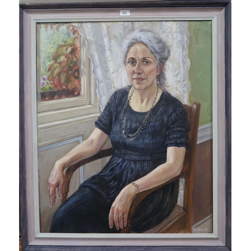 975 - JOHN GLOVER (SCOTTISH b.1945)  PORTRAIT OF A LADY SI ON A WOODEN CHAIR Oil on canvas,... 