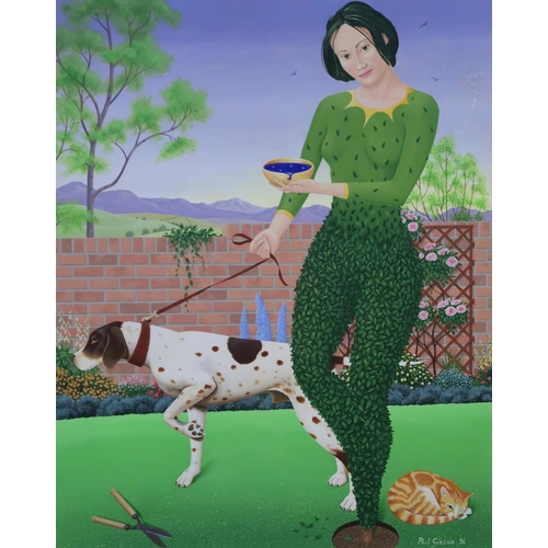 980 - PHIL GIBSON (CONTEMPORARY SCHOOL) TREEWOMAN WITH DOG Gouache, signed lower right, dated (1... 