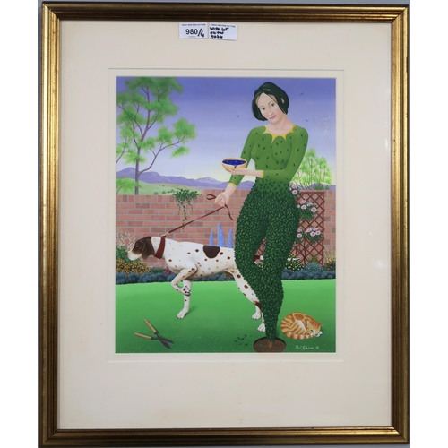 980 - PHIL GIBSON (CONTEMPORARY SCHOOL) TREEWOMAN WITH DOG Gouache, signed lower right, dated (1... 