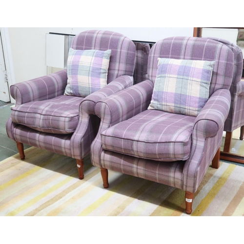 134 - A pair of contemporary armchair upholstered in purple plaid wool fabric with Quallofil by Dacron cus... 