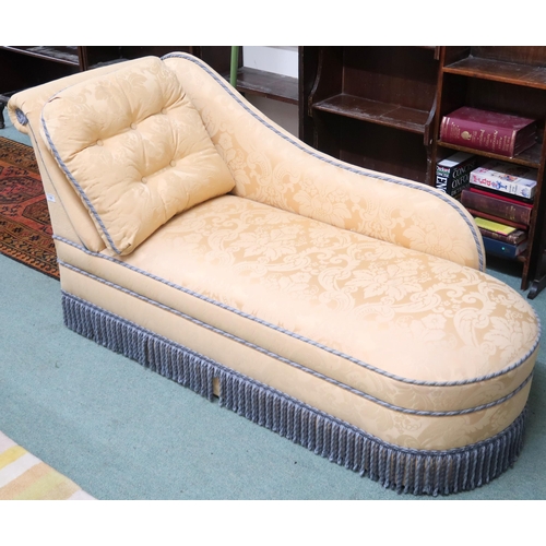 138 - A contemporary yellow damask upholstered chaise longue, 70cm high x 145cm long x 57cm deep