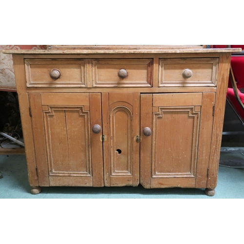 69 - A lot comprising a Victorian pine kitchen cabinet with one long and on short drawers over pair of pa... 