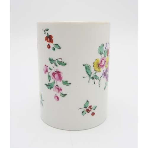 217 - An 18th century Plymouth mug, circa 1770, painted with bouquets of flowers, 11.8cm high