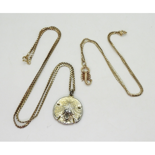 710 - A 9ct gold Scorpio pendant, with a 41cm 9ct zigzag chain, a further zigzag chain, weight together ap... 