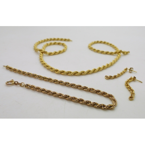 726 - A 9ct gold rope chain necklace length 45.5cm, together with a matching bracelet and earrings, weight... 