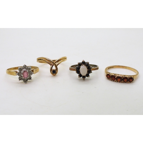 727 - Three 9ct gold rings, ruby and diamond accent M1/2, garnet five stone, size O, sapphire size L, and ... 