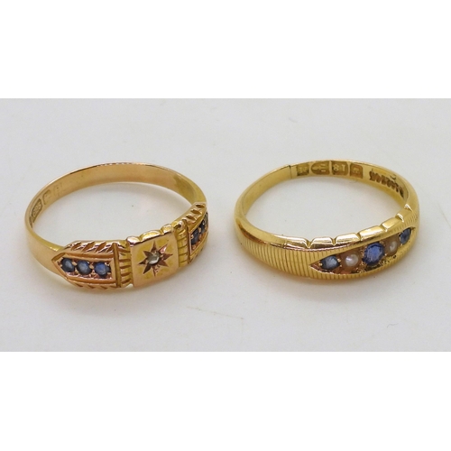 739 - An 18ct gold sapphire and pearl ring, with Chester hallmarks for 1895, size O1/2, and a 15ct gold sa... 