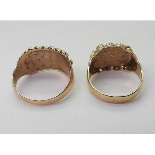 745 - Two 9ct gold gents rings, a knot ring, size 1, 'GOLD' nugget ring size X, weight combined 14.5gms