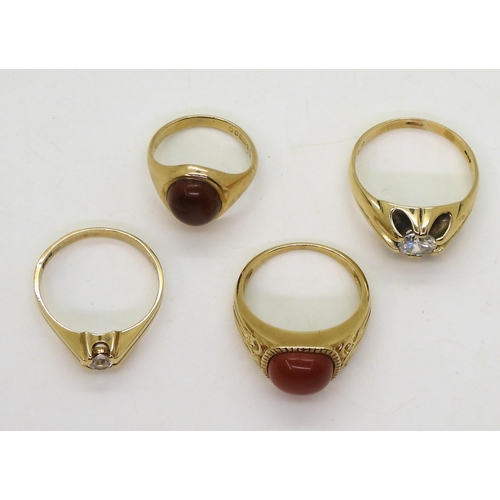 751 - Four 9ct gold rings, large cz gypsy ring Z1/2, smaller example V1/2, red jasper W, brown gemN1/2. We... 