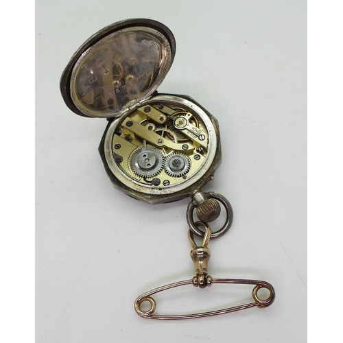 757 - A 9ct gold fancy fob chain, length 39cm, weight 16.9gms together with a gold plated pocket watch and... 