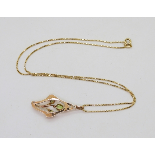 764 - A 9ct rose gold Murrle Bennet & Co peridot & pearl pendant, weight 1.4gms, together with an ... 