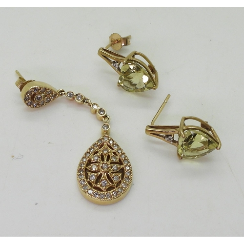 768 - A pair of 9ct gold lemon quartz and white sapphire heart shaped earrings, weight 2.2gms together wit... 