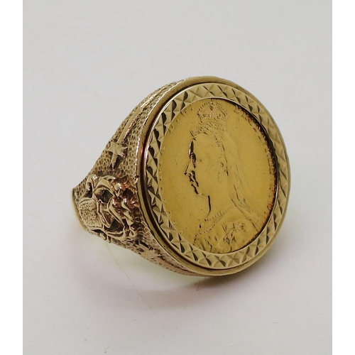 794 - An 1891 gold full sovereign in 9ct gold ring mount, size V1/2, weight 16.5gms