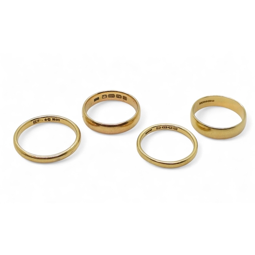 795 - Four 18ct gold wedding rings, sizes S1/2, P, O1/2 and O, weight combined 14.4gms