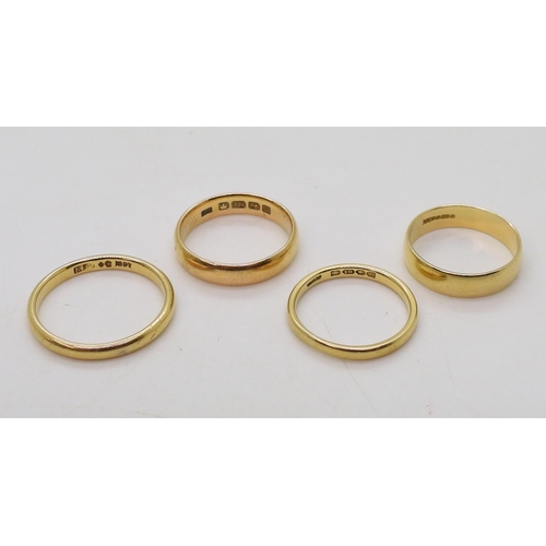 795 - Four 18ct gold wedding rings, sizes S1/2, P, O1/2 and O, weight combined 14.4gms