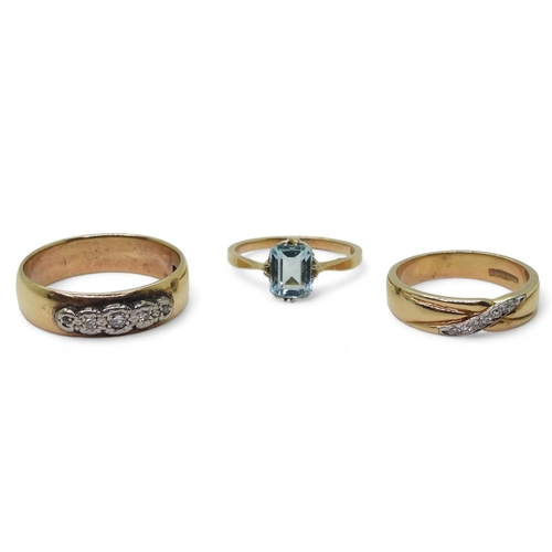 796 - Two 9ct gold diamond set band rings, sizes O1/2, W1/2 and a 9ct blue gem ring, size N1/2, weight tog... 