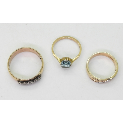 796 - Two 9ct gold diamond set band rings, sizes O1/2, W1/2 and a 9ct blue gem ring, size N1/2, weight tog... 