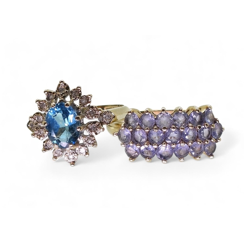 810 - A 9ct blue topaz and  diamond ring, size R, together with a 10k gold tanzanite cluster ring, si... 