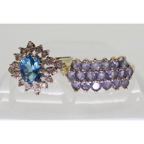 810 - A 9ct blue topaz and  diamond ring, size R, together with a 10k gold tanzanite cluster ring, si... 