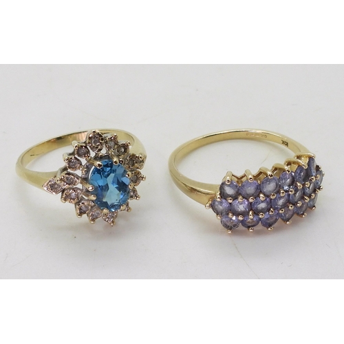 810 - A 9ct blue topaz and  diamond ring, size R, together with a 10k gold tanzanite cluster ring, si... 